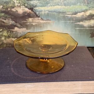 Vintage Amber Glass Octagon Pedestal Dish 5” Candy Bowl Trinket Catchall Retro